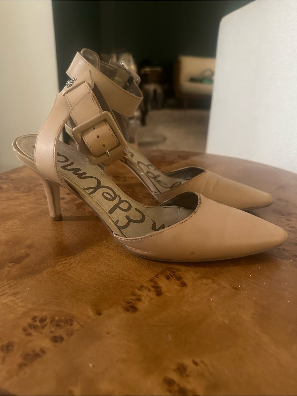 Sam Edelman Beige Pointed-Toe Ankle Strap Pumps